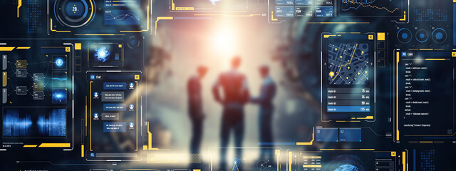Poster - Group of people working in office and futuristic graphical user interface concept.
