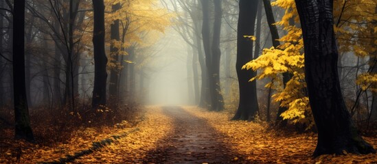 Sticker - Enigmatic trail through stunning hazy autumn woods amid tall yellow leaved trees