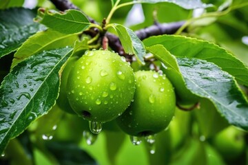 Wall Mural - raindrops on the apple leaves after a rainfall