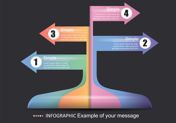 Poster - Vector infographic on a gray-black background, modern style with upwards bars with arrows separating left and right, 4 paths, for presentations on education, finance and management.