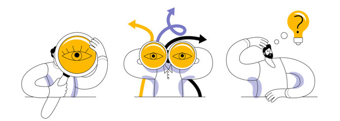 Aufkleber - Character with magnifying glass, man with binoculars, man with a light bulb. Set of vector illustrations for mobile application. Linear modern style.
