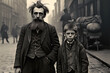 Old black and white street photograph from the Victorian era - portrait of man and young boy