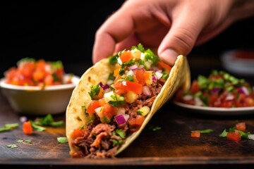 Canvas Print - hand holding beef taco with salsa dripping