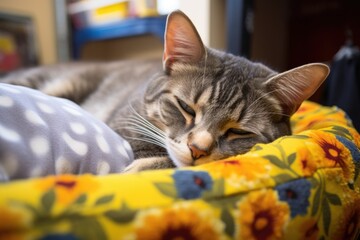 Poster - cat snoozing comfortably in a dog bed