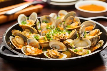 Sticker - bbq clams with garlic sauce on a tray