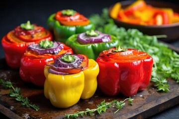 Wall Mural - rainbow bell peppers stuffed with bbq, on a stone slab