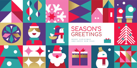 Poster - Merry Christmas, Season's Greeting and Happy New Year vector illustration for greeting cards, posters, holiday cover in modern minimalist geometric style.