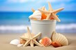 starfish and seashells in a beach bucket