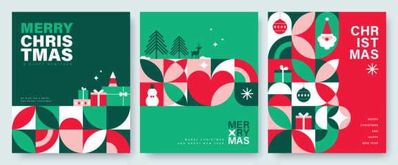 Poster - Set of Merry Christmas and Happy New Year 2024 vector illustration for greeting cards, posters, holiday covers in modern minimalist geometric style.