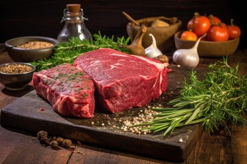 Poster - beef roast in a rustic setting with scattered herbs and garlic