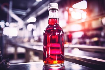 Poster - a freshly bottled and sealed cough syrup under the factory spotlight