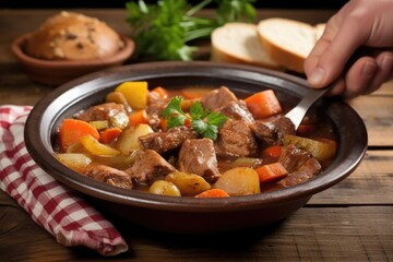  hand spooning stew onto a rustic plate