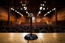 Microphone On Dark Wooden Lectern Against Out Of Focus Audience