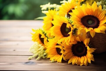 Poster - close-up of a sunflower bouquet on a rustic wooden table