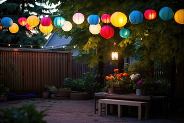 Poster - colorful paper lanterns hung around a yard