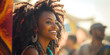 close up portrait of a happy hippy black woman at music festival