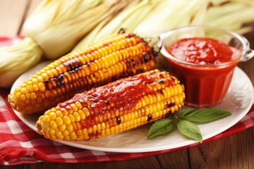 Sticker - grilled corn on plate with barbecue sauce