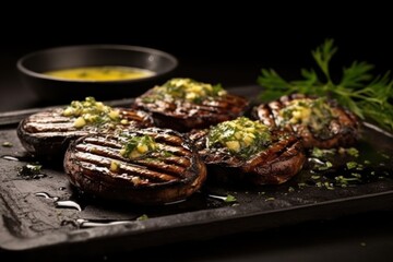 Poster - grilled portobello mushrooms with garlic butter on a dark background