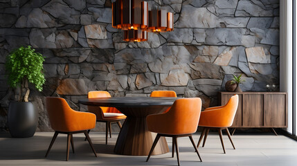 wooden round dining table and chairs against of stone 3d panel wall. Interior design of modern dining room with abstract orange chandelie