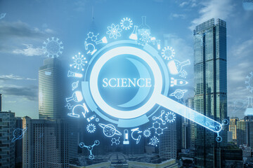Aufkleber - Glowing creative glowing magnifier hologram on blurry bright city background. Science, research and medicine concept. Double exposure.