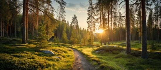 Wall Mural - Idyllic autumn scene in Finland with evergreen forest tall trees moss plants and soft golden sunset light perfect for ecotourism