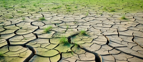 Wall Mural - Drought reveals cracked riverbed with green grass