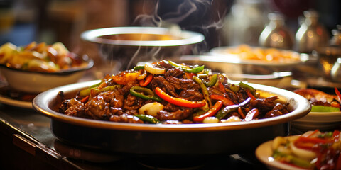 Delicious fresh cooked asian food at a buffet, blurred background