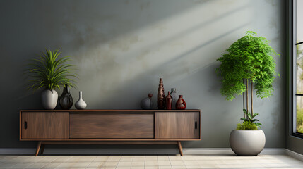Wall Mural - Wooden sideboard in modern living room, concrete wall with wooden paneling, home interior background with copy space