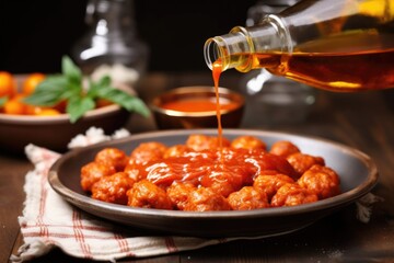 Poster - pouring homemade tomato sauce over meatballs