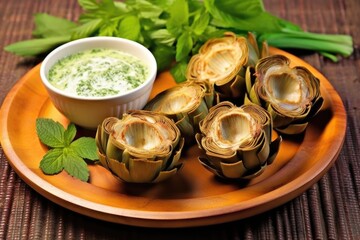 Sticker - grilled artichokes arranged on a ceramic plate and a garlic dip in a copper bowl