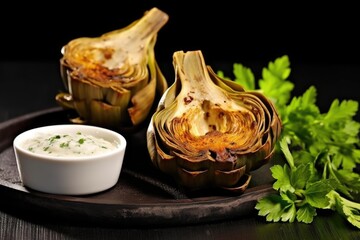 Poster - grilled artichokes displayed on a black slate with a small ramekin of garlic dip