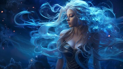 Strange sorceress mythical person lady lovely blue dress. long hair dress rippling fly wind. Foundation shinning harvest time pixie ruddy spiritualist timberland trees. Gothic Craftsmanship