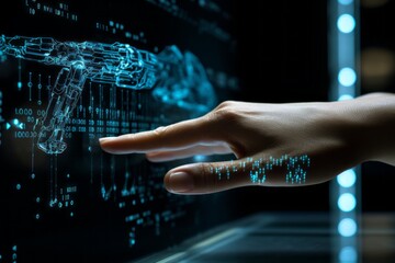 Wall Mural - futuristic abstract image of human hand touching an information digital environment. hand permeated 