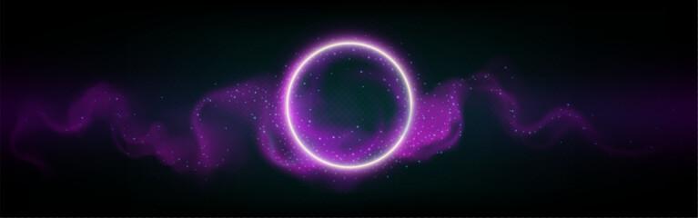 Wall Mural - neon glowing circle with cloud or smoke and sparkles. realistic vector illustration of led light pur