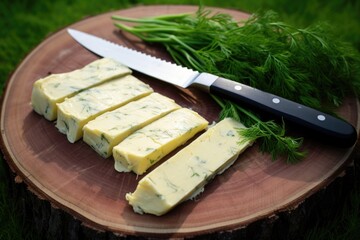 Canvas Print - knifes slicing through grass-fed butter stick