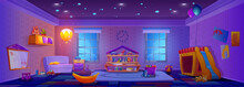 Kindergarten Playroom At Night. Vector Cartoon Illustration Of Large Room With Dark Windows, Toys And Books On Shelves, Wooden House With Slide, Stars On Ceiling, Lamp Light, Nursery School Play Area