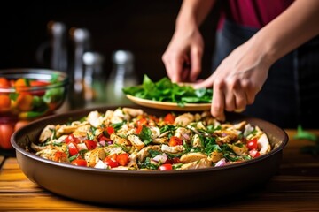 Canvas Print - hand adding grilled chicken pieces to pasta salad