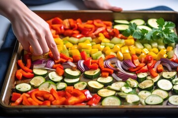 Wall Mural - hand layering veggies flat for a ratatouille recipe