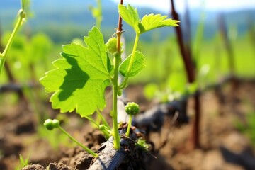 Poster - close-up of new vine shoots in a vineyard