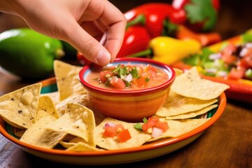 Canvas Print - hand holding a chip with queso dip, refried beans, and pico de gallo