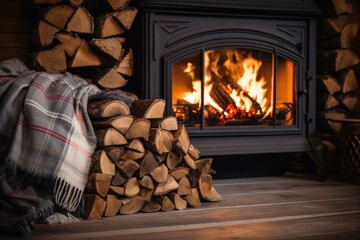 Poster - rustic fireplace with burning logs in a cozy room