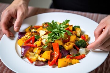 Wall Mural - human hand serving a portion of roasted vegetable salad onto a white plate