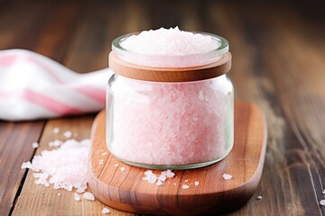 Sticker - a clear glass jar filled with bath salts on a wooden table