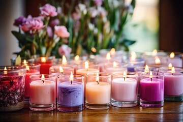 Wall Mural - scented candles in glass jars arrayed across a table