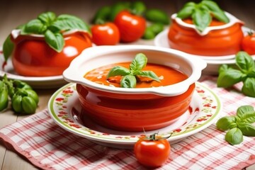 Canvas Print - garnishing tomato soup with a sprig of basil