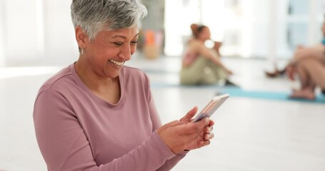 Poster - Yoga, meditation and senior woman with a cellphone, smile and internet with workout, social media and exercise. Mature person, yogi or old lady with smartphone, email and health with fitness or peace