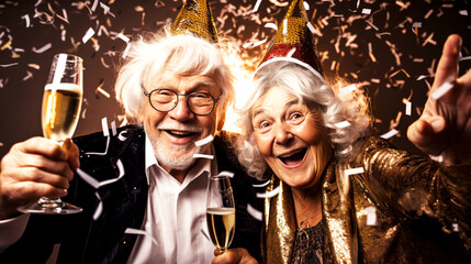 senior friends in their 70/s having fun at New Year party