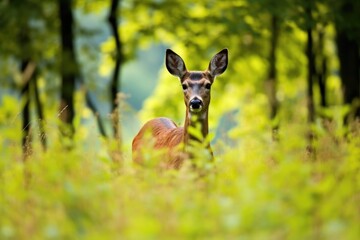 Wall Mural - a wild deer grazing in a field of tall grass