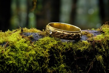 Wall Mural - two golden wedding rings resting on a mossy stone in a forest