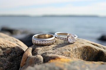 Wall Mural - wedding rings on a stone with a sparkling sea in the background
